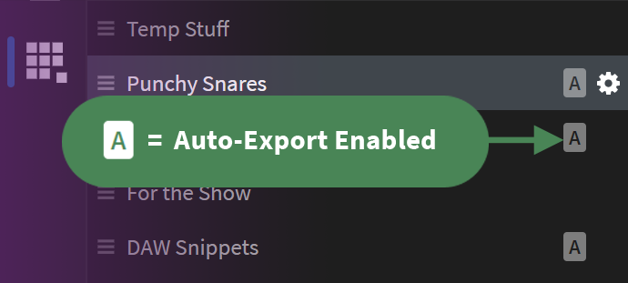 Fig: The ‘A’ on the right side is shown when automatic export is enabled.