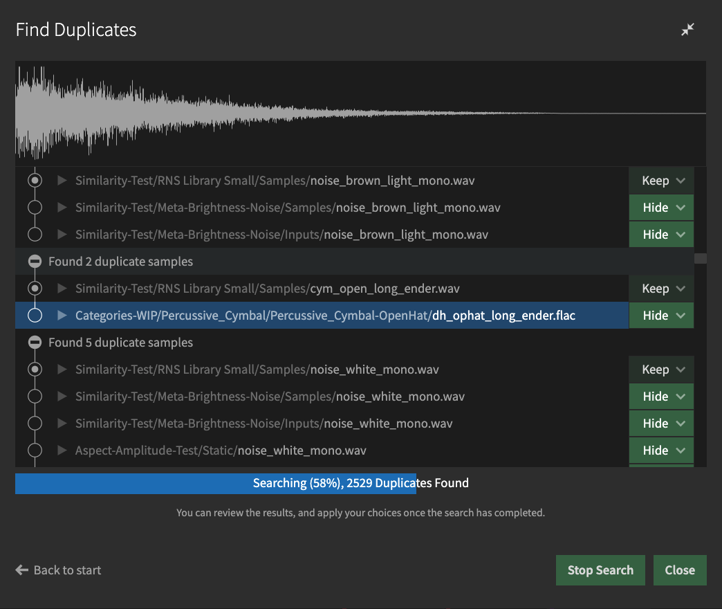 While searching, the Duplicate Detector allows you to audition the results and decide what action to take on each item.